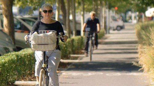 Auf dem Foto ist ein Radweg zu sehen, der von Büschen und Gräsern umgeben ist. Im Vordergrund befindet sich eine Frau auf einem Fahrrad, weiter hinten ein Mann auf einem Fahrrad.