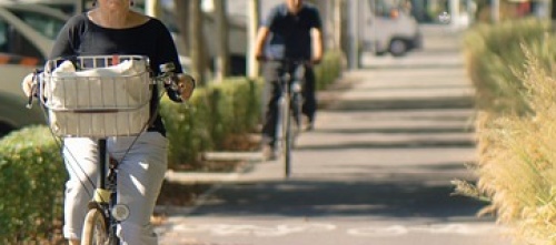 Auf dem Foto ist ein Radweg zu sehen, der von Büschen und Gräsern umgeben ist. Im Vordergrund befindet sich eine Frau auf einem Fahrrad, weiter hinten ein Mann auf einem Fahrrad.