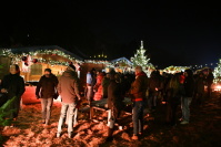 Zahlreiche Menschen bei Dunkelheit, im Hintergrund weihnachtlich dekorierte, beleuchtete Holzhütten