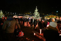 Zahlreiche Menschen bei Dunkelheit, im Hintergrund weihnachtlich dekorierte, beleuchtete Holzhütten